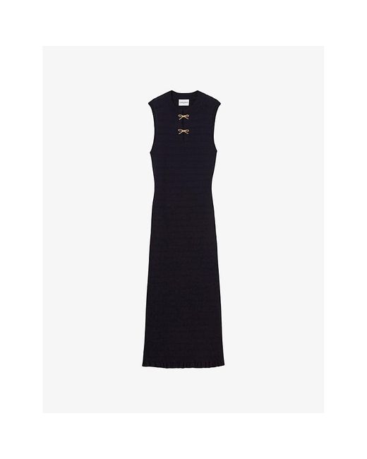 Claudie Pierlot Blue Bow-Embellished Sleeveless Knitted Midi Dress