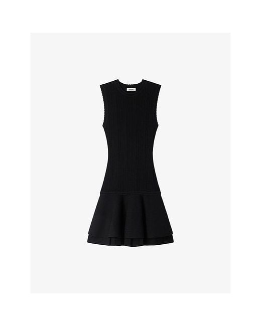 Sandro Black Ruffle-Hem Knitted Mini Dress