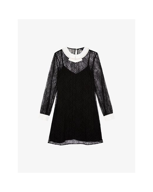 The Kooples Black Lace Contrast-Collar Woven Mini Dress