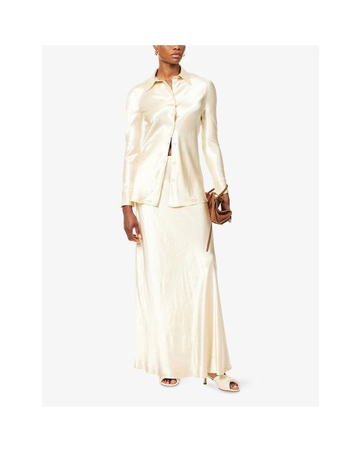 Alberta Ferretti Natural Shiny-Satin High-Waist Woven Maxi Skirt