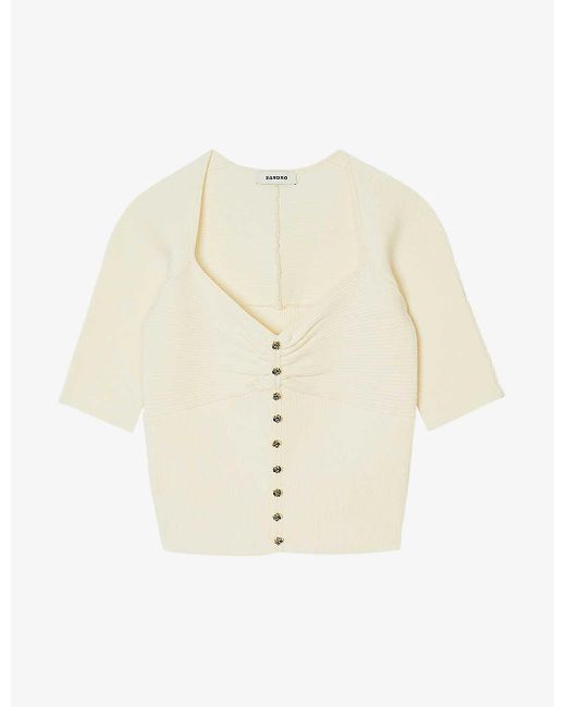 Sandro White Sweetheart-neck Cropped Stretch-woven Cardigan