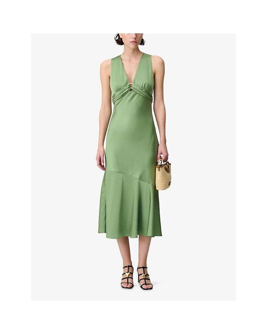 claudie pierlot green dress Stripe-Print Lace-Trim Ramie Maxi in Size 17