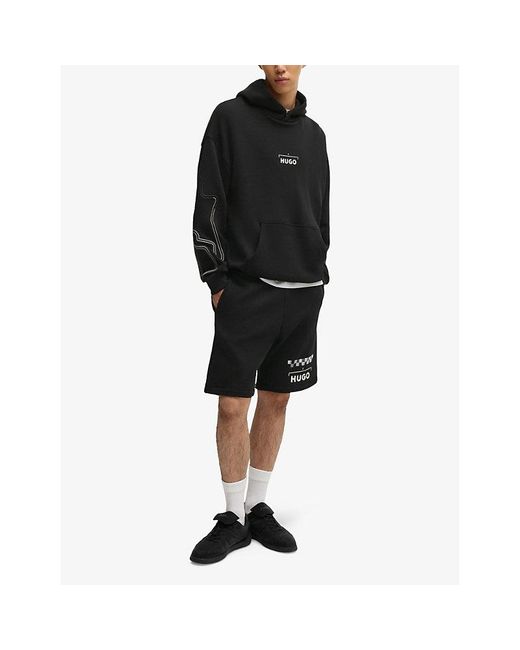 HUGO Black Branded-Print Kangaroo-Pocket Cotton-Jersey Hoody for men