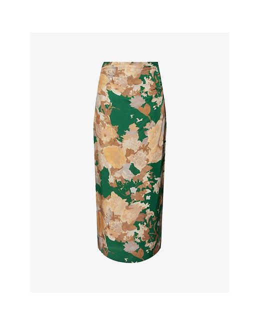 Dries Van Noten Green Floral-print Split-hem Woven Midi Skirt