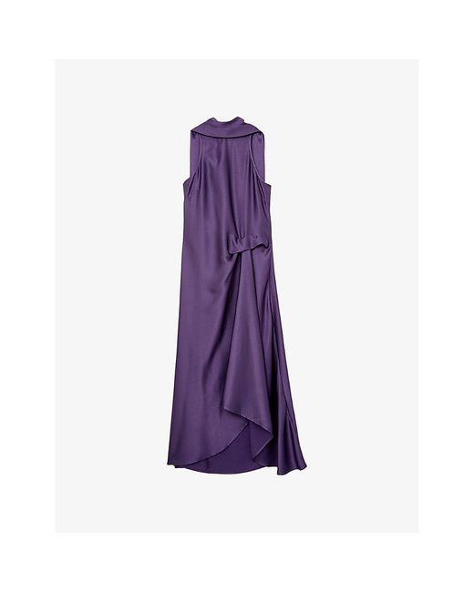 Reiss Purple Michelle Cowl-Neck Side-Tuck Satin Midi Dress