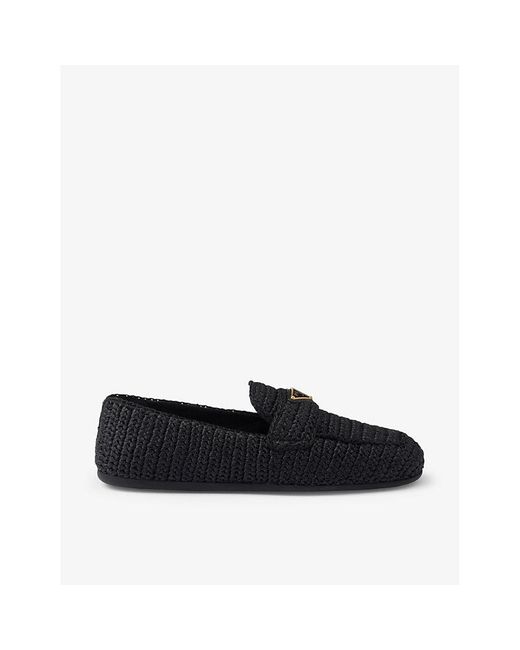 Prada Black Logo-plaque Slip-on Woven Loafers