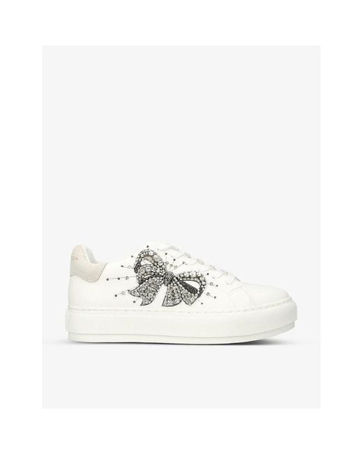 Kurt Geiger White Laney Bow Crystal-Embellished Leather Flatform Low-Top Trainers