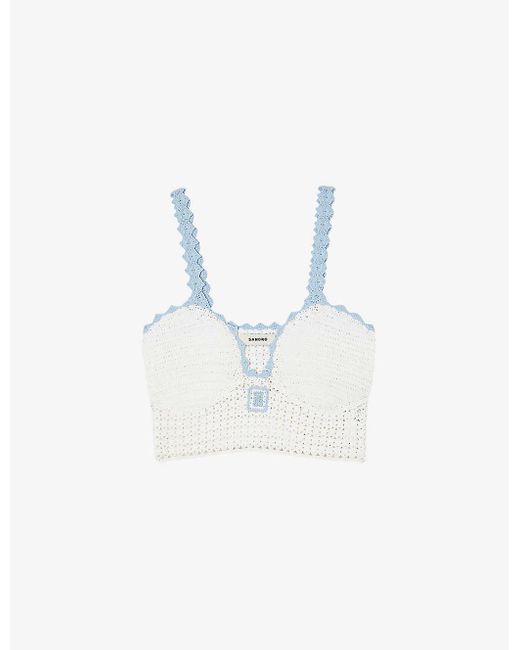 Sandro Blue Logo-embroidered Scalloped-trim Crochet Knitted Top
