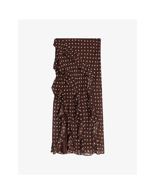 OMNES Brown Darline Star-Print Satin Midi Skirt