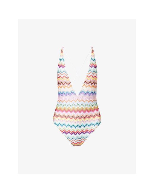 Missoni White Chevron Plunge Knit Swimsuit
