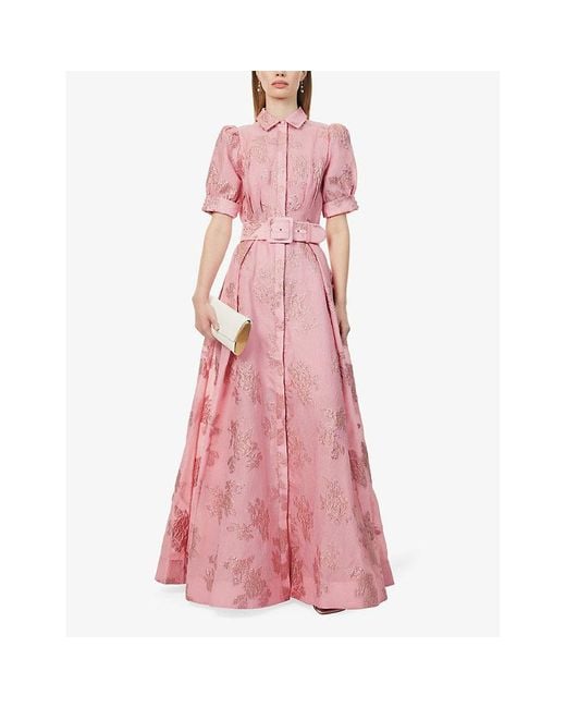 Rebecca Vallance Pink Antoinette Jacquard-pattern Puff-sleeves Woven Maxi Dress