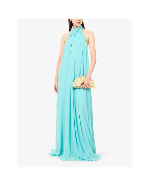 De La Vali Blue Adela High-Neck Tulle Maxi Dress