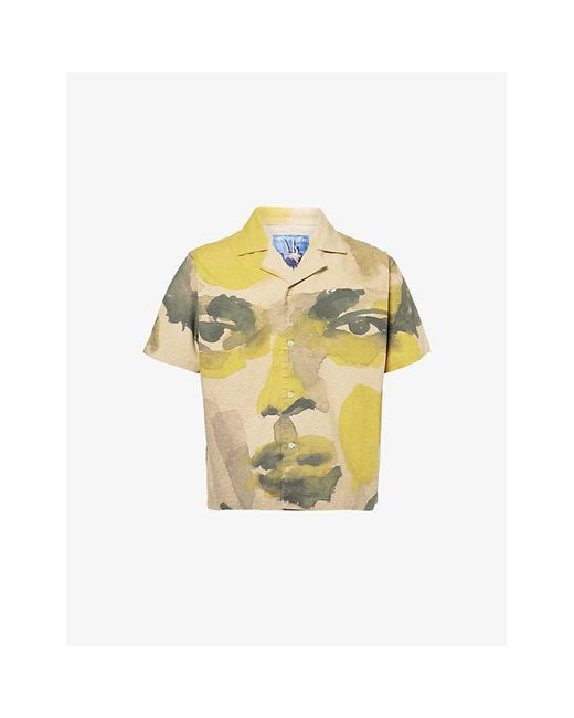 Kidsuper Yellow Notched-Collar Graphic-Print Cotton-Blend Shirt for men