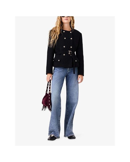 Maje Black Belted-Waist Double-Breasted Woven Jacket