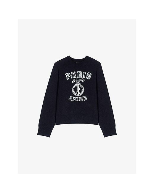 Maje Blue Paris-Slogan Round-Neck Woven Jumper