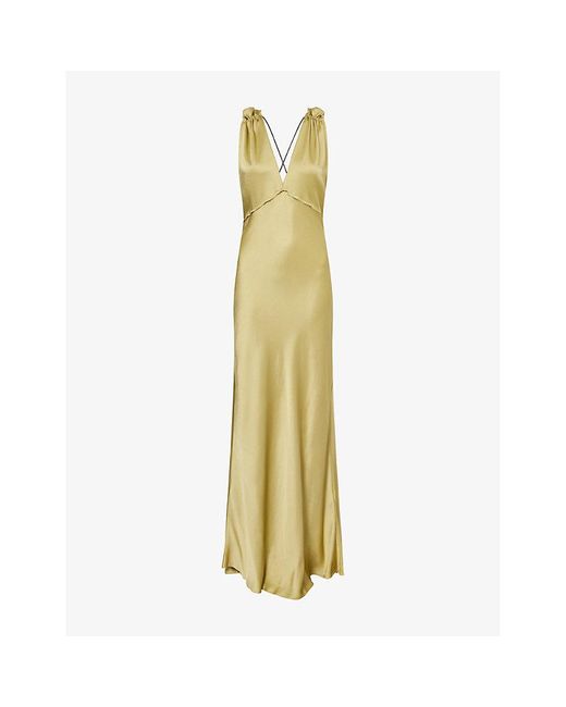 Victoria Beckham Metallic Gathered V-Neck Satin Maxi Dress