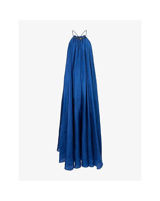 Zimmermann Blue Aster Gathered-Bead Silk Maxi Dress