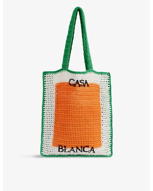 CASABLANCA Orange Casa Crochet Logo-knit Cotton Tote Bag