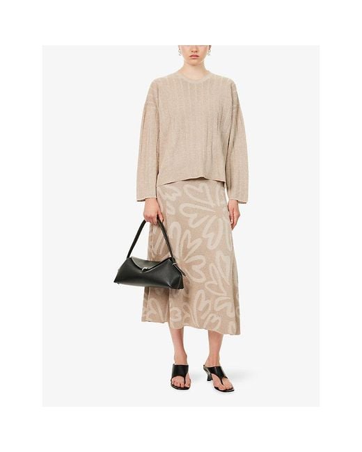 Yasmina Q Natural Salma Floral-Print Knitted Midi Skirt