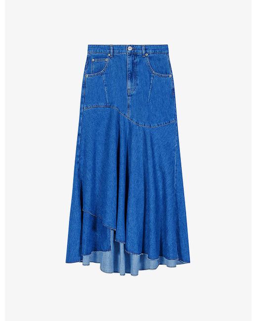 Maje Blue High-rise Asymmetric-hem Denim Maxi Skirt