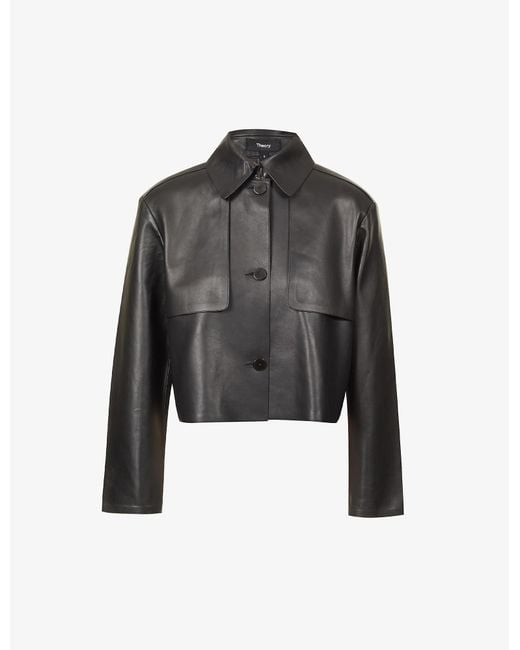 Theory Women's Black Leather Collar-detail Cropped-length Trench | Lyst