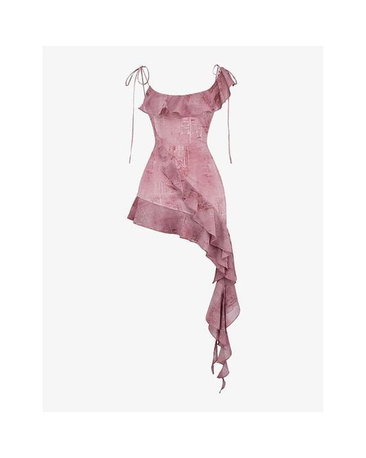 House Of Cb Pink Lyrah Ruffle-trim Stretch-woven Mini Dress