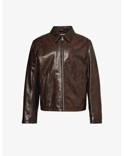 Acne Brown Spread-collar Brand-embossed Leather Jacket for men