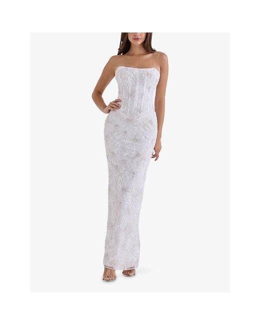 House Of Cb Purple Anisa Hand Beaded Strapless Maxi Dress