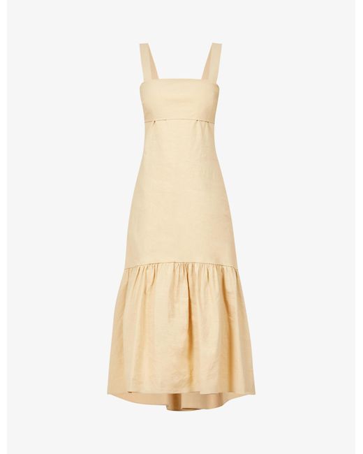 Theory Square-neck Tie-back Linen-blend Midi Dress in Natural | Lyst