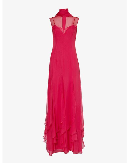 Alberta Ferretti Pink Ruffled-panel V-neck Silk Maxi Dress
