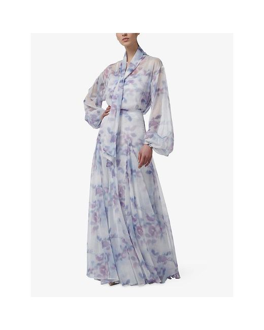 eem Blue Floral-Print Tie-Neck Chiffon Blouse