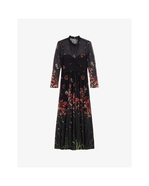 Ted Baker Black Susenaa Ruffle-neck Floral-print Stretch-mesh Midaxi Dress