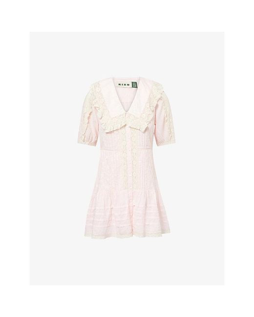 Rixo Pink Pansy Dove Embroidered Lace-Trim Cotton Mini Dress