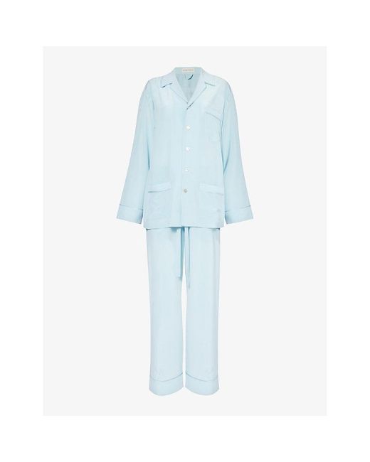 Olivia Von Halle Blue Yves Contrast-piping Silk Pyjama Set X