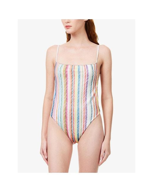 Missoni White Straight-Neck Zig-Zag Pattern Swimsuit