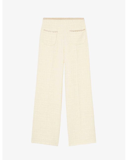 Sandro White Rhinestone-embellished Wide-leg Mid-rise Cotton-blend Trousers