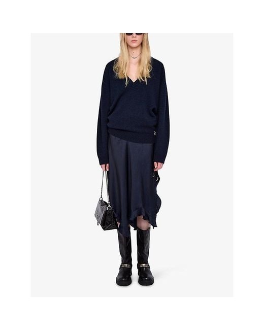 Zadig & Voltaire Blue Jeto Asymmetric-Hem Satin Midi Skirt