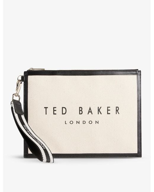 Ted Baker White Vivtora Logo-print Leather-trim Canvas Clutch Bag