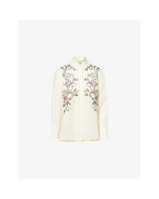 Valentino White Floral-Embroidery Linen Shirt