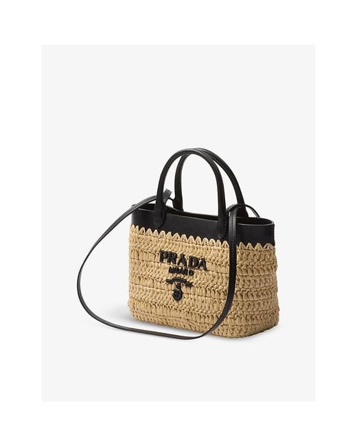 Prada White Logo-embroidered Mini Crochet And Leather Tote Bag