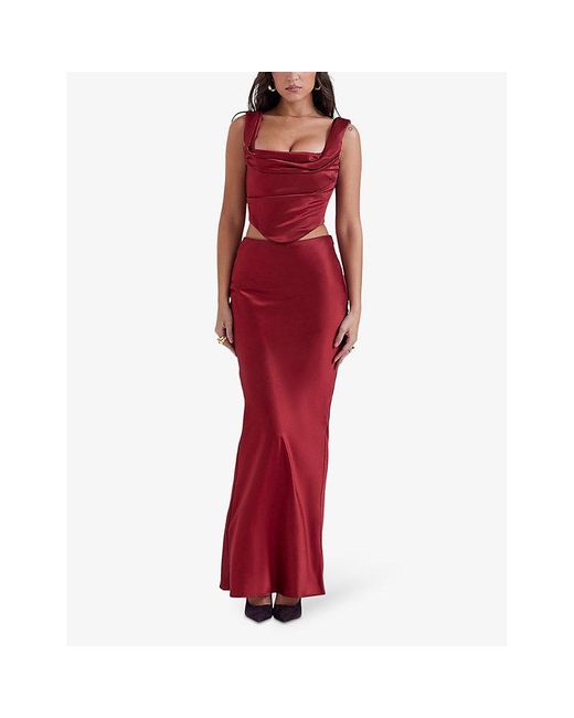 House Of Cb Red Sydel Bias-cut Satin Maxi Skirt