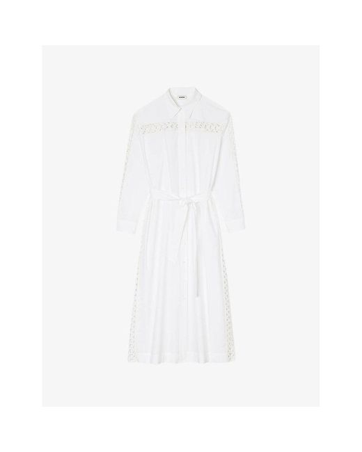 Sandro White Open-weave Embroidered Belted Cotton Midi Shirt Dress