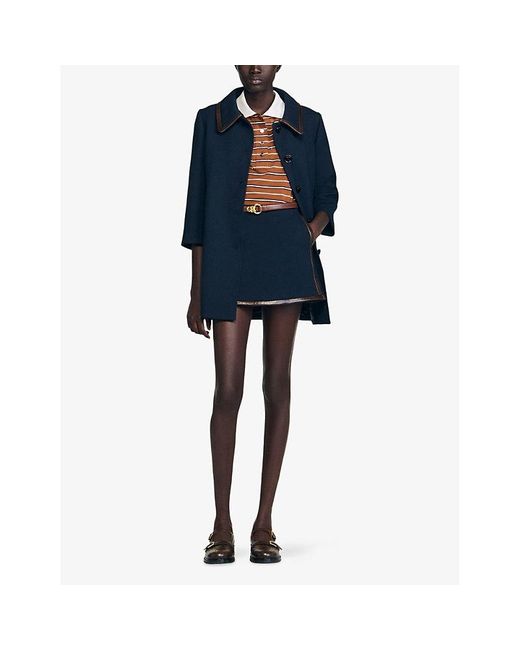 Sandro Blue Leather-Trim High-Waist Stretch-Woven Mini Skirt