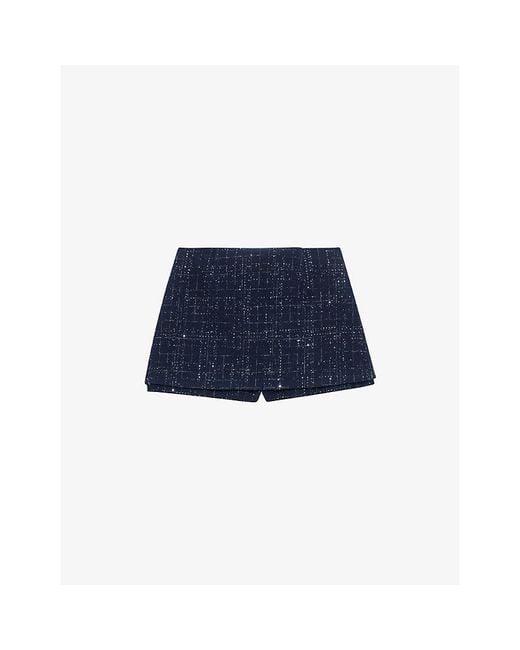 Maje Blue Checked Rhinestone-Embellished Woven Skort