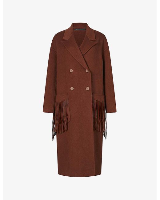 AllSaints Brown Freya Fringe-detail Wool-blend Coat