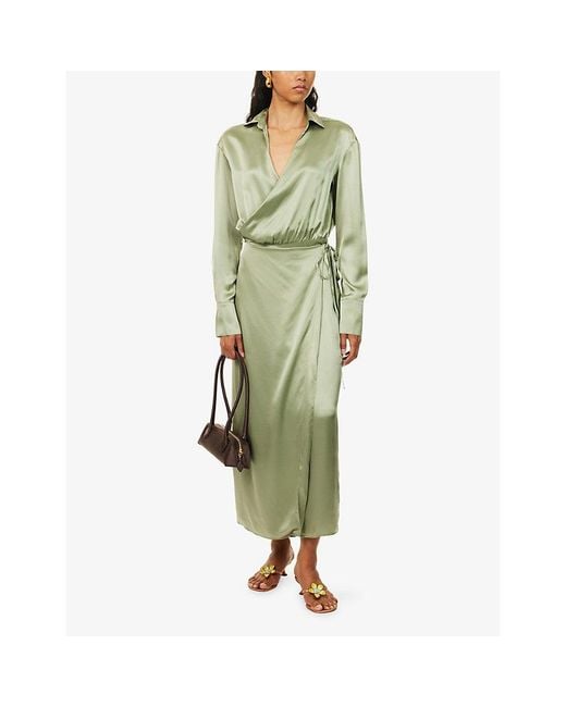 The Dropped Collection Green Wrap-Front Long-Sleeve Silk Dress
