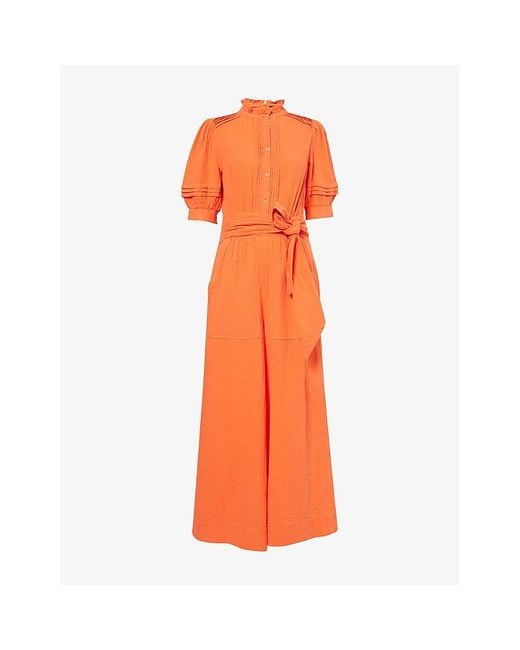 ME+EM Orange Funnel-Neck Wide-Leg Cotton-Cheesecloth Jumpsuit