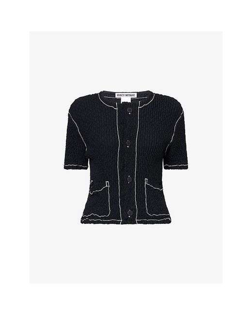 Issey Miyake Blue Contrast-Stich Button-Through Stretch-Woven Top