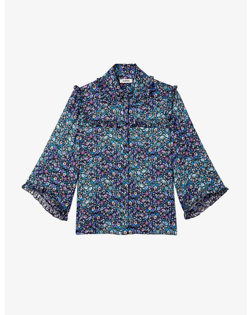 Sandro Alvadia Floral-print Ruffled Silk Shirt in Blue | Lyst