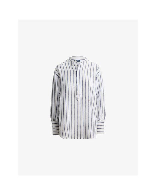 Polo Ralph Lauren White Striped Logo-Embroidered Linen Shirt